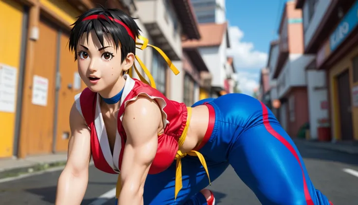 ((Sakura Kasugano from street fighter:1.8)) masterpiece:1.8, big rounded-shaped ass, Wide hips, thick thighs, large breast, from the front,