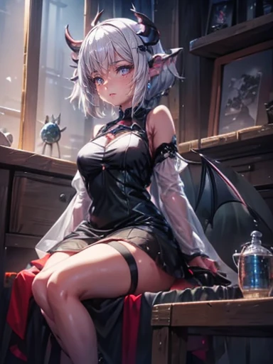 a woman in a black and white outfit sitting on a white surface, succubus in tight short dress, dragon girl, beautiful succubus, monstergirl, anime monster girl, lamia, top rated on pixiv, 2 b, 2b, seductive anime girl, demon anime girl, pixiv 3dcg, white -...