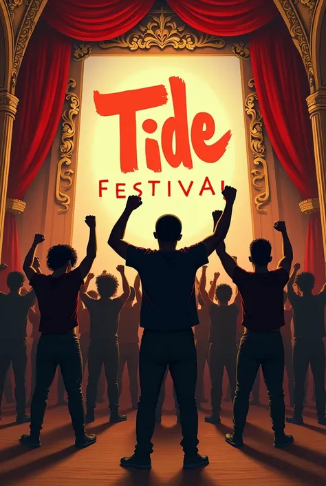 Create a drawing of a black theater group, performing in the center of the theater stage, they have their clenched fists raised in protest. They are on a theater stage with a sign saying: Tide Festival on Stage.