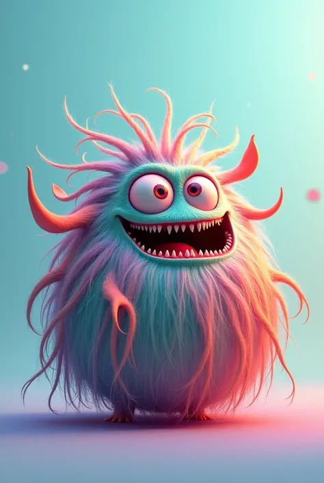 hairy living ball, long hair, big eyes, fangs in the mouth, long colorful hair on blue and white gradient colors