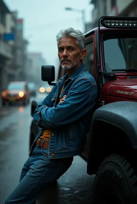 Photography studio, looking at the camera, focusing on the camera, a pure white, thoughtful and handsome Indonesian 70 kg man ( blonde grey  hair) , wearing casual denim, while leaning on a Jeep Rubicon, in the rain, his shadow blends into the street scene...