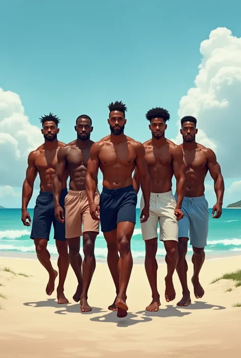 Five black men some with grey and green eyes. Modern hair style. Sexy clothes with defined muscles. Muscular legs walking on the beach. Very real realistic style.