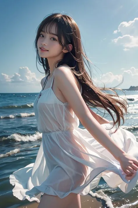 (a snapshot,View from below:1.2),(looking Happy:1.4),(sky,sea:1.2),(summer,sunny day),(wet,splash,windy,shining water),(1 slim beautiful Korean idol,small breasts,long straight hair,side bangs,symmetry eyes),(summer clothing),BREAK,8k,Realistic photo style...