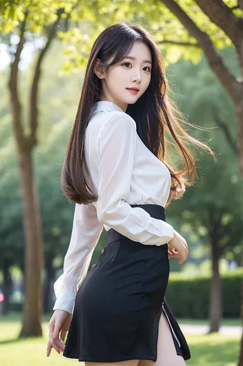 best quality, 8k, very delicate and beautiful, highly detailed face and skin texture, shiny skin, high resolution, sexy long hair chinese girl in shirt and short thigh skirt walking in a park, sharp focus
