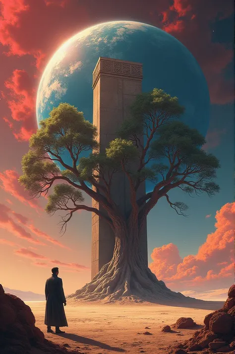 parallel world, red planet, cosmic universe, stele, old painting, GIANT TREE, Desert, blue planet with red clouds