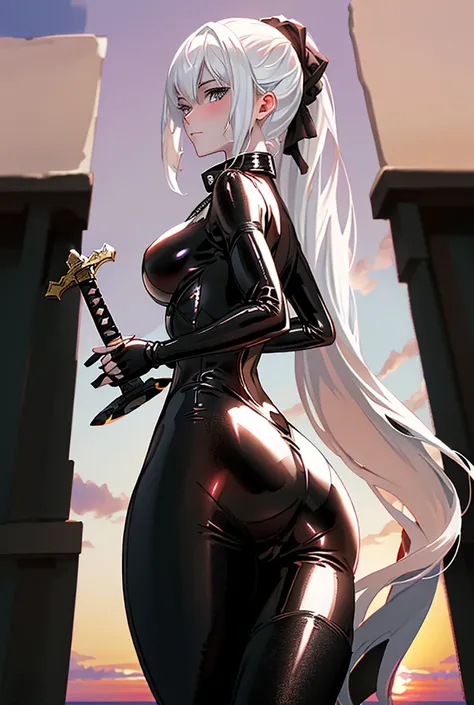 Beautiful white girl dressed in a black latex suit that is shiny and transparent with a sunset view while she is seen from behind holding a sword in her right hand with big buttocks with a black collar on her neck and a super resolution 