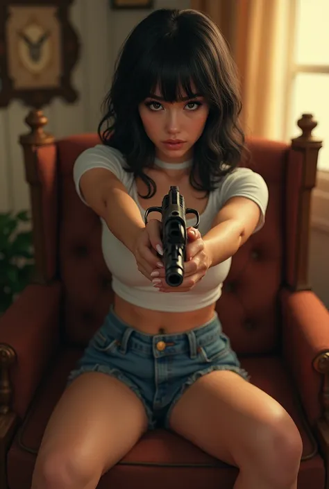 low-angle, photorealistic, beautiful young French woman, 1, hourglass body, gorgeous face, winged_eyeliner, bangs, sitting with thighs crossed on rolling_chair, aiming a revolver at camera, leaning back, wearing tight t-shirt and jean shorts, indoors, soft...