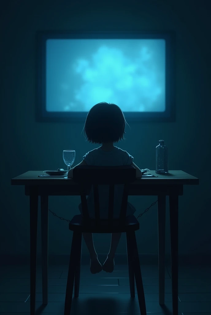 A scene of a dining table, a  is having dinner alone while watching TV, a lonely and desolate dining table, the room is dark and the girls back is in shadow due to the TV light, the girl is sitting on a high chair with her legs dangling, dark tones,