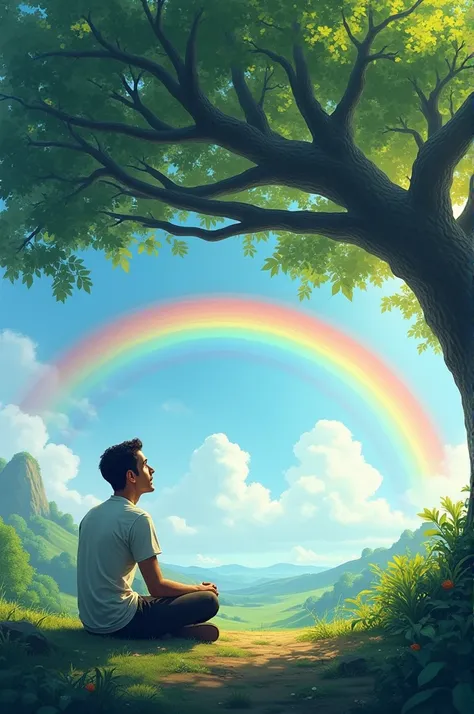 A man sitting down the tree and a beautiful rainbow 