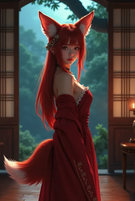 Night,Villa,Japanese Girl,Red long hair shawl,Furry wolf ears,Fluffy wolf tail,Big breasts,Wearing a red maid dress,Standing in front of the window,masterpiece,, detail, Ultra HD, Realism, high quality, 