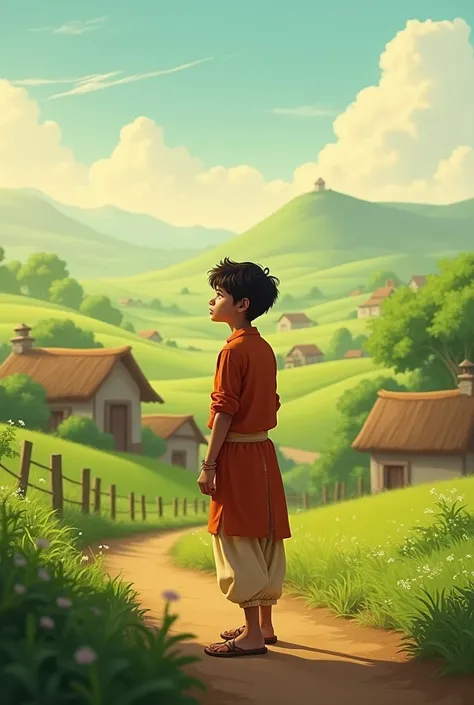 The Village Dreamer:
A peaceful village with simple houses, surrounded by green fields. A young boy named Rahul, wearing traditional village clothes, stands near the fields. His eyes are fixed on a distant hill. The morning sun casts a golden hue on the la...