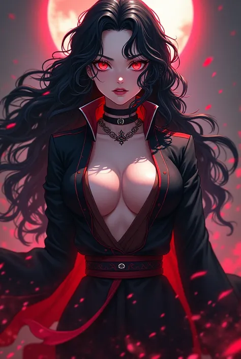 A beautiful woman from kimetsu no yaiba with wavy black hair and red eyes wearing a red over her kimetsu no yaiba hunter uniform Open in the middle 