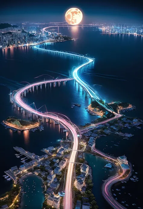 from above, neon line art, long bridge over the sea connecting islands, full moon, night view, glitter effects, delicate and dynamic textures, contrasts of light and shadow, 2.5D, artistic photography, hyper realistic, digital graphic CG, ultra detailed, a...