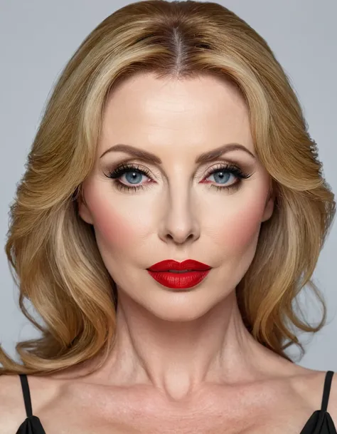 A waist-up portrait of a beautiful female whose facial features are a combination of Julie Delpy + Taylor Wane. The female has lovely makeup on her face. The female wears red lipstick. Symmetrical eyes. Symmetrical face. Lovely details. Photorealistic. Ful...