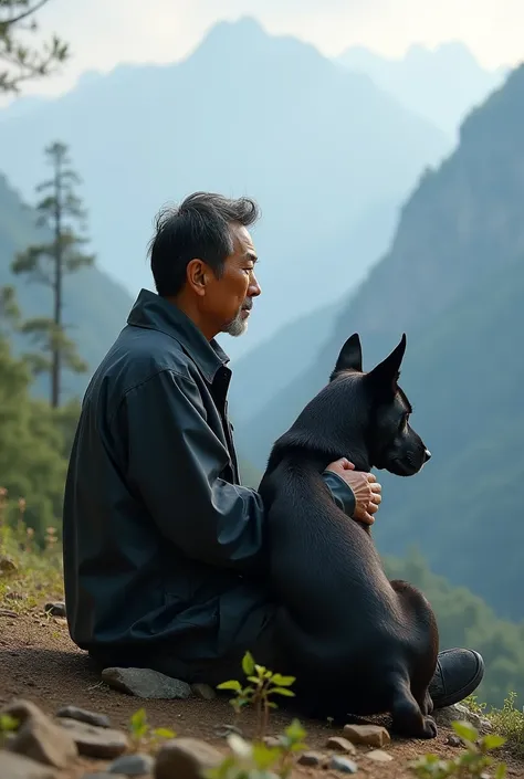  face facing a camera,A Japanese man(45year) sitting with his black buldog and watching view in Nepal 