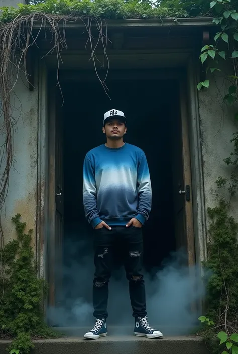 Handsome Indonesian man, reversed trucker caps, blue and white gradient sweater, ripped black jeans, black Converse shoes standing in an old and rickety house looking dull and haunted surrounded by vines growing thickly and tangled, with some green moss, g...