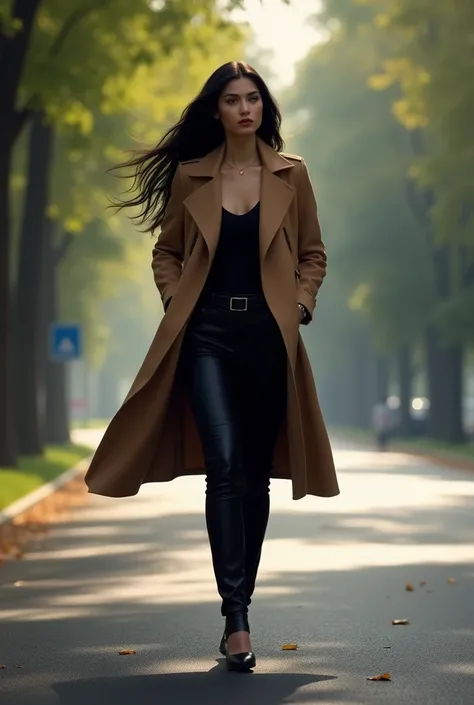 Lady in camel jacket, black pant, black shoes, long black hair, walk in road