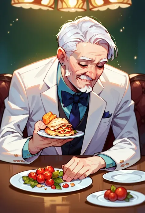 An old man with white hair is eating at a fancy table., Fine dining table, dark, thin,Eyes closed