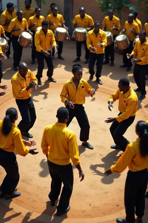 Angola capoeira circle, with everyone wearing black pants and yellow shirts, with 3 berimbaus (swing, medium and viola), 2 tambourines, 1 reco-reco, 1 agogô and 1 atabaque.