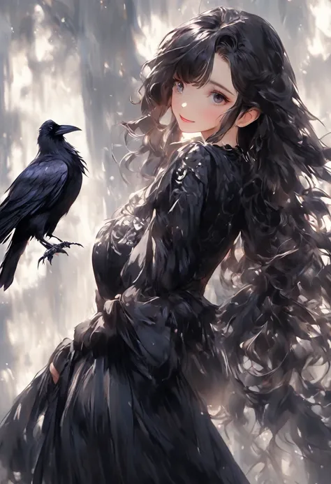 (playing with a raven:1.4).Beautiful Japanese woman, Short, beautiful figure, cute butt. elegant black dress, high heels, (smile). Masterpiece, best quality,(highly detailed:1.2),(detailed face and eyes:1.2), 8k wallpaper, natural lighting. core shadows, h...