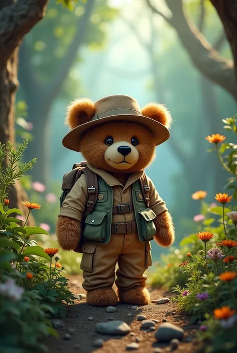 use above prompt teddy bear, Teddy bear in a jungle、Teddy bear、cute、high resolution、Highest quality、Fantasy World、Explorer Outfit、Explorers Hat