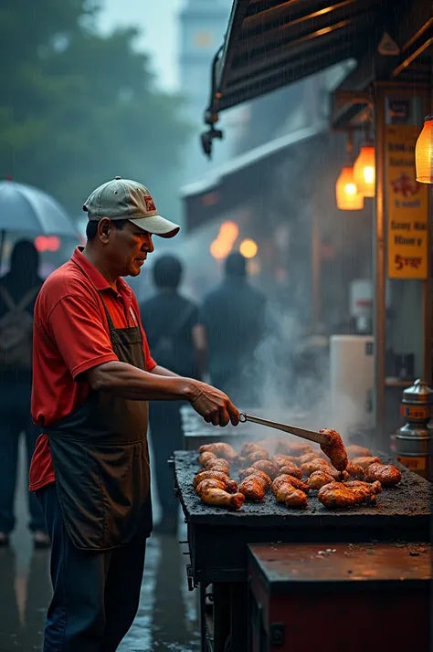 A man is seen selling grilled chicken in an open-air market. He is wearing a bright red shirt and a clean hat or apron. His grilled chicken is placed on a charcoal grill with thin smoke rising. The atmosphere around him looks dark and gloomy, like it&#39;s...