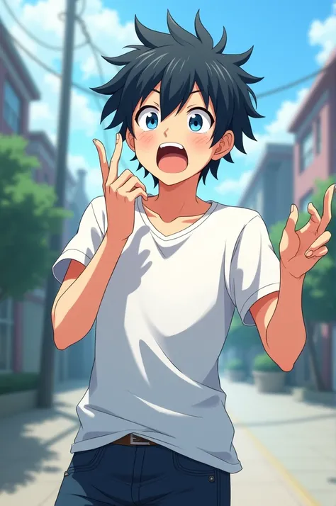 Create an anime-style illustration of a teenage boy with messy black hair and wide, expressive blue eyes. He should be standing in a dynamic pose, with his mouth open in shock, eyebrows raised, and one hand slightly raised as if he’s reacting to something ...