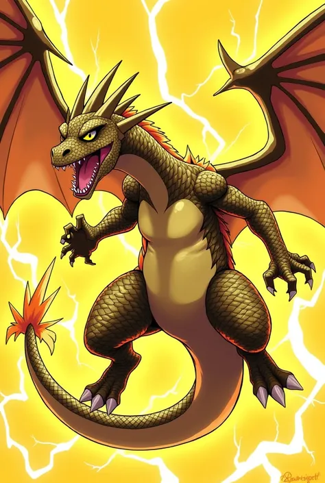 Draw Charizard but make it an electric type,  Yellow and black body covered with rays, anime drawing style. On a yellow abstract background