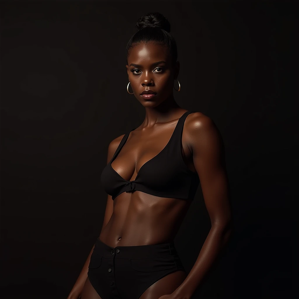 a very sexy dark-skinned woman, macacão, tight and sexy outfit, rapper style, detailed face, detailed eyes, detailed lips, extremely detailed face and eyes, long eyelashes, detailed skin, beautiful skin, flawless skin, chiaroscuro lighting, dramatic lighti...