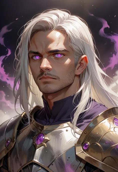 knull,king in black,male humanoid,,white hair,long hair,purple eyes,glowing eyes,sharp focus,fantasy armor,(gradient armor),purp...