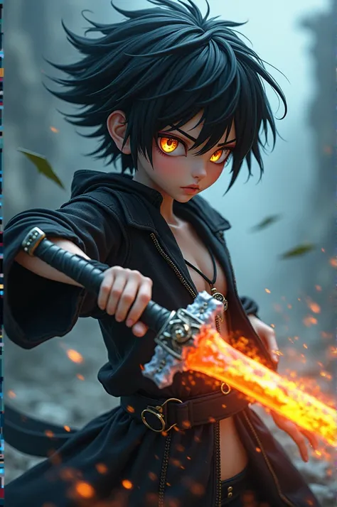 Create a mix of the characters between Kilua and Sasuke with a fire sword in one hand and an ice sword in the other. 