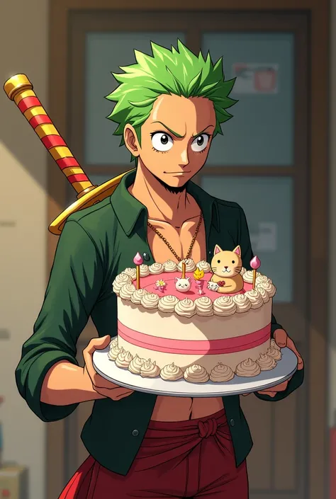 One Piece&#39;s Zoro delivering a kitten-themed 18th birthday cake with Mariela&#39;s name on it 