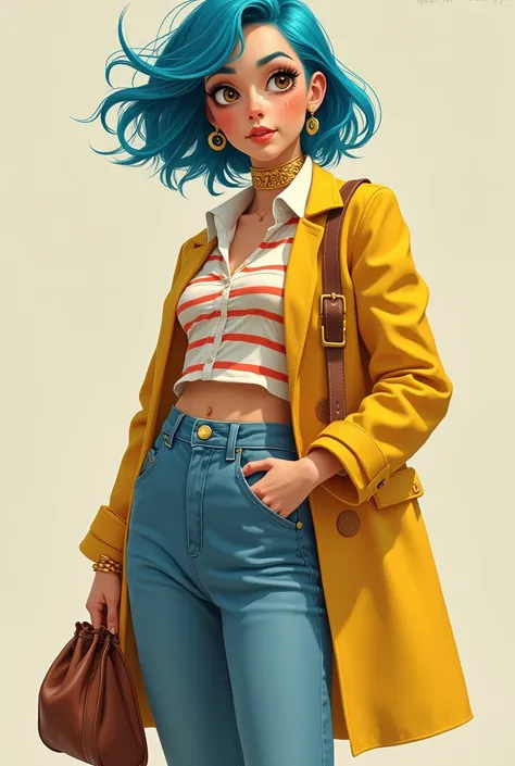 create an image with a woman with blue hair, white skin color, brown eyes color, freckles, a white and red striped blouse, yellow boots, jeans, a yellow coat, a brown side bag 