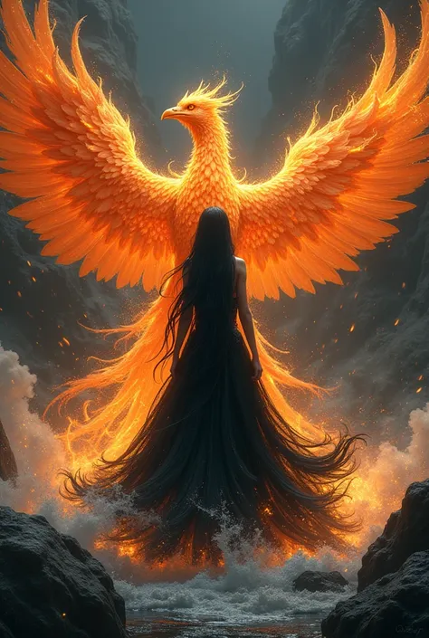 White princess with long black hair wearing a black dress like with flames behind the princess a giant phoenix on fire at the girl&#39;s feet water with flames and the image must be on a black background 