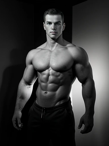 A hyperrealistic black and white portrait of 1man, the muscular bodybuilder, standing in a vintage studio environment. The shot is captured with a Rolleiflex 2.8F camera, using a 75mm f/3.5 Planar lens. posing shirtless, wearing tight, tailored trousers, s...