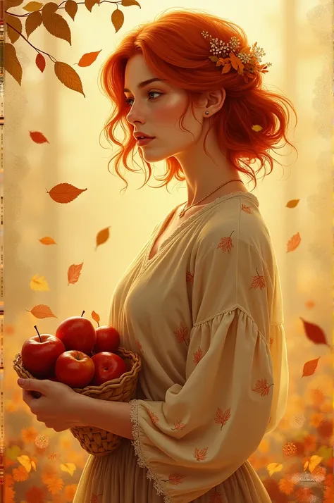 A woman who looks like autumn. With apples in a bag, with leaves on clothes. Image in yellow-orange tones