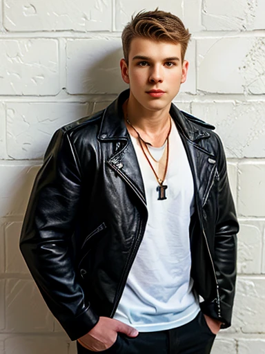 1man, college age, young man, wearing black leather jacket and white shirt, necklace, posing against brick wall