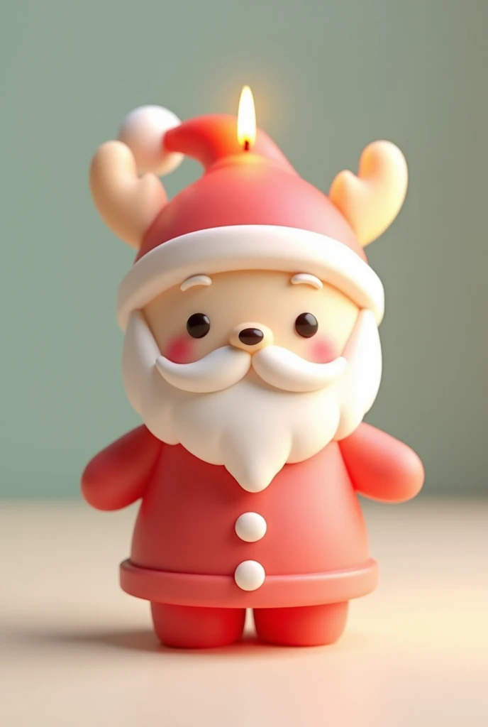 3D modeling of a cute Rudolph Claus candle in the style of Sanrio, with soft pastel colors and rounded shapes. Santa has a tiny, chubby body, a round face with a small smile, rosy cheeks, and a tiny button nose. His red hat and outfit are simplified with s...