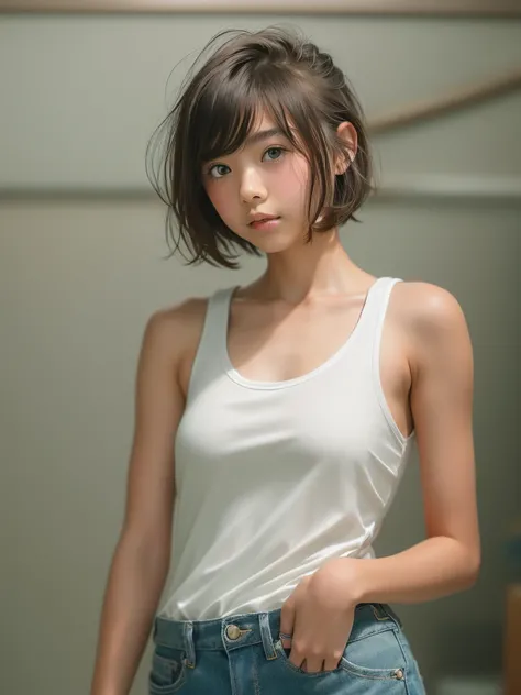 ((software: 1.4)), (( Ultra short hair, Side lock hair, One girl)),alone,((1)), Ultra-high resolution, (Realistic:1.4), RAW Photos, Highest quality,  (PhotoRealistic), concentrated, Soft Light, ,((Japanese)), (( (Young Face))), (Wearing a white tank top:1....