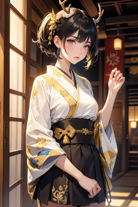 1 girl, beautiful, gothic, short midnight hair, embodiment of Hear no Evil, Short skirt, Kimono motif, japanese-Indian style motif, antlers, cool blues and yellows