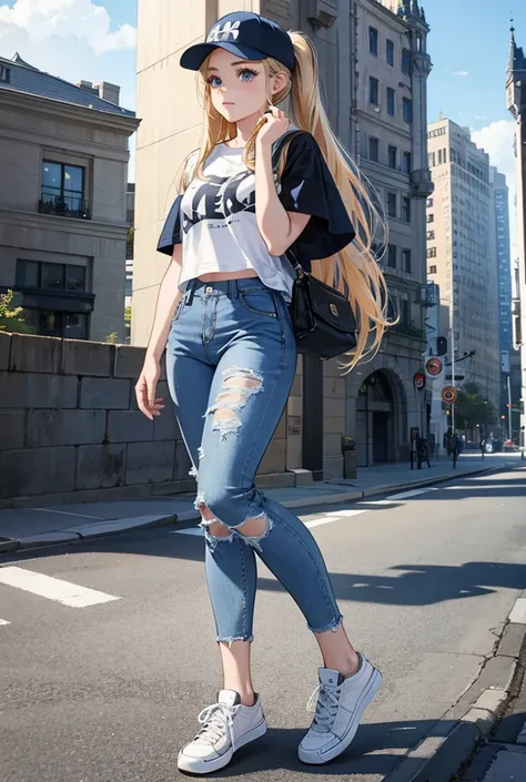 modern girl, cap, loose jeans, t-shirt with the inscription, tucked into jeans, white sneakers, smartphone, castle, shock