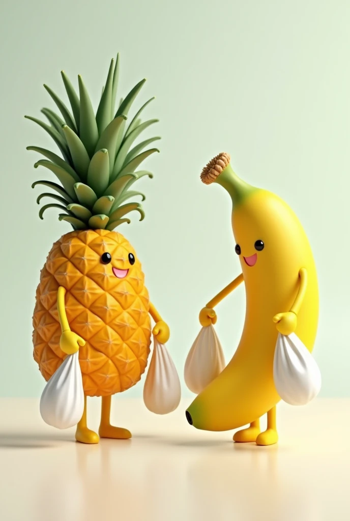 A pineapple and a banana holding plastic bags 
