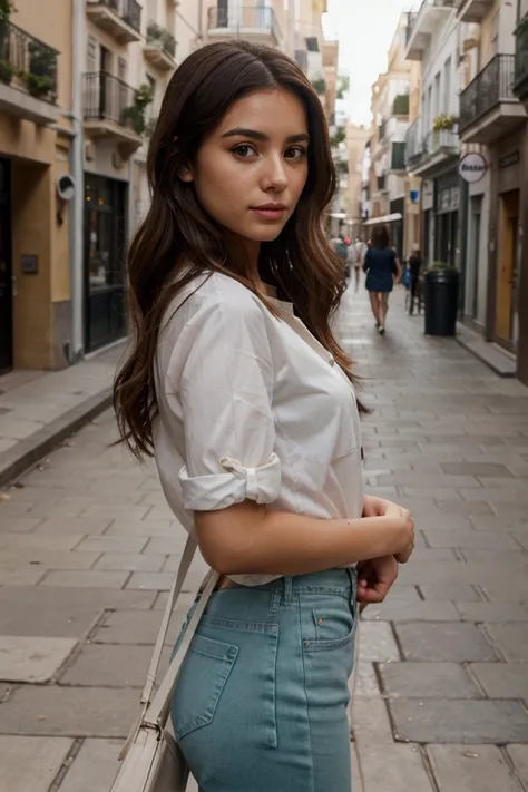 Generate a hyper-realistic image of Clara Rodriguez on a casual day. Clara is a young Spanish woman with long, wavy dark hair, olive skin, and striking green eyes. She is dressed in a simple yet chic outfit, wearing a white blouse and light blue jeans, str...