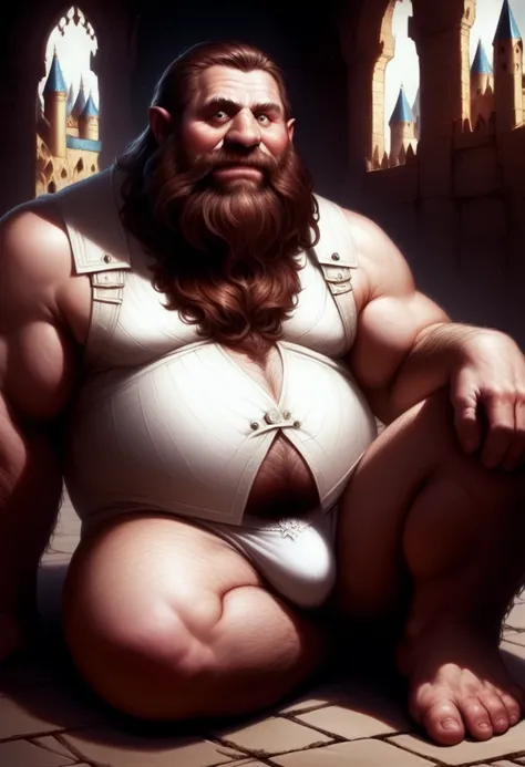 (Dwarf Elder)　　Deep wrinkles on the face　Brown Hair　詳細なBody hair　6 heads　A very large beard　Beard that spreads out and bounces　 Biceps,Inviting face,Overweight man, Chubby, Overweight, chest hair, Body hair, Happy trail, (White leather open vest,  Small un...