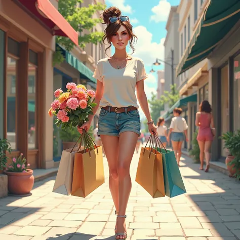 Very detailed, high quality, masterpiece, 1 woman, walking down the street, shopping bag in both hands, happy expression, Brown hair, tied in a messy bun, (casual clothing: 1.1), [[White T-shirt, short skirt, High heels, light makeup, (silver necklace: 1.2...