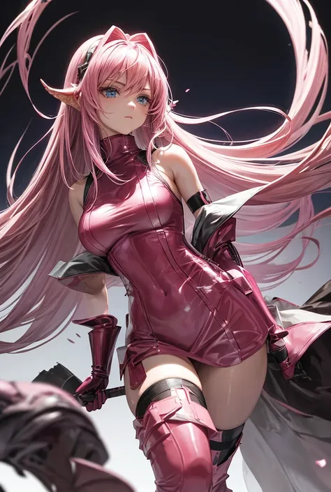 Image is a high-resolution, stylized portrait of a woman with long, flowing pink hair. She is wearing a shiny, form-fitting pink outfit that includes a sleeveless top with a high collar and a front zipper, long gloves, and thigh-high boots. The outfit has ...