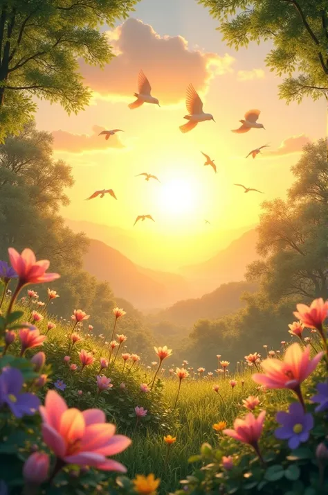 The sun began to rise above the horizon, the trees and flowers were basking in the sunlight, the flowers split open and smiled brightly, the birds flew back against the sun with their wings flapping.