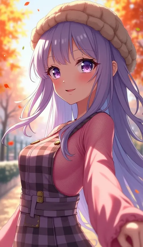 One girl, Long Hair, High resolution, Highest quality, High resolution, Ultra high definition, smile, Fisheye Shot,  Sparkle Effect, Anime Style, Ultra-detailed, Light purple hair、Pink Mesh、Checked dress、Mature、autumn、Knitted hat、Cowboy Shot, Long sleeve、