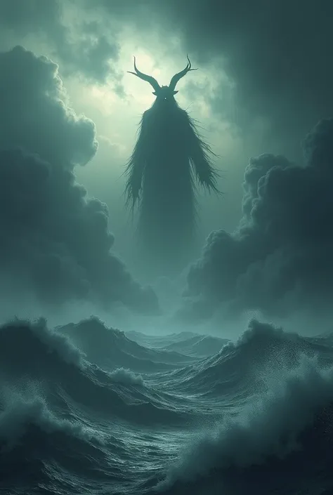 "A dramatic image of a dark, stormy sky over the sea, with an atmosphere of foreboding. in the sky, a faint silhouette of an angry, demonic figure descending, representing Satan. The clouds are thick and swirling, and the ocean waves are violently crashing...