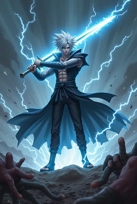 Create a mix of characters between Kilua and Sasuke with a lightning sword on top of several bodies